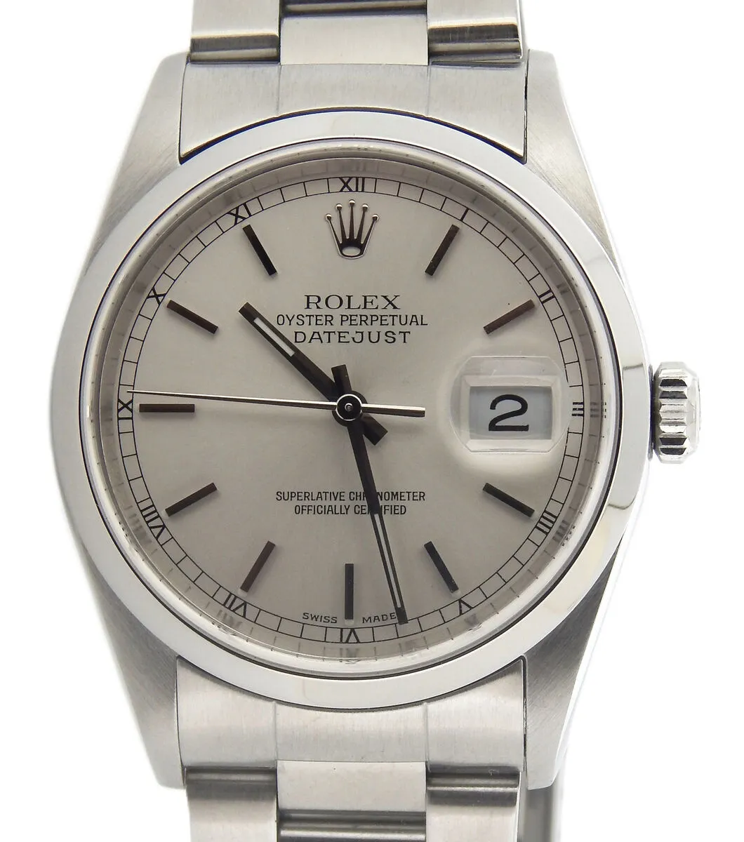 18345916_kp0z7flobi3cyg53ct85tgox94lt.webp Rolex Datejust 36 Silver Stick Dial on Jubilee Ref 16200 with Papers 1999 - Image 1