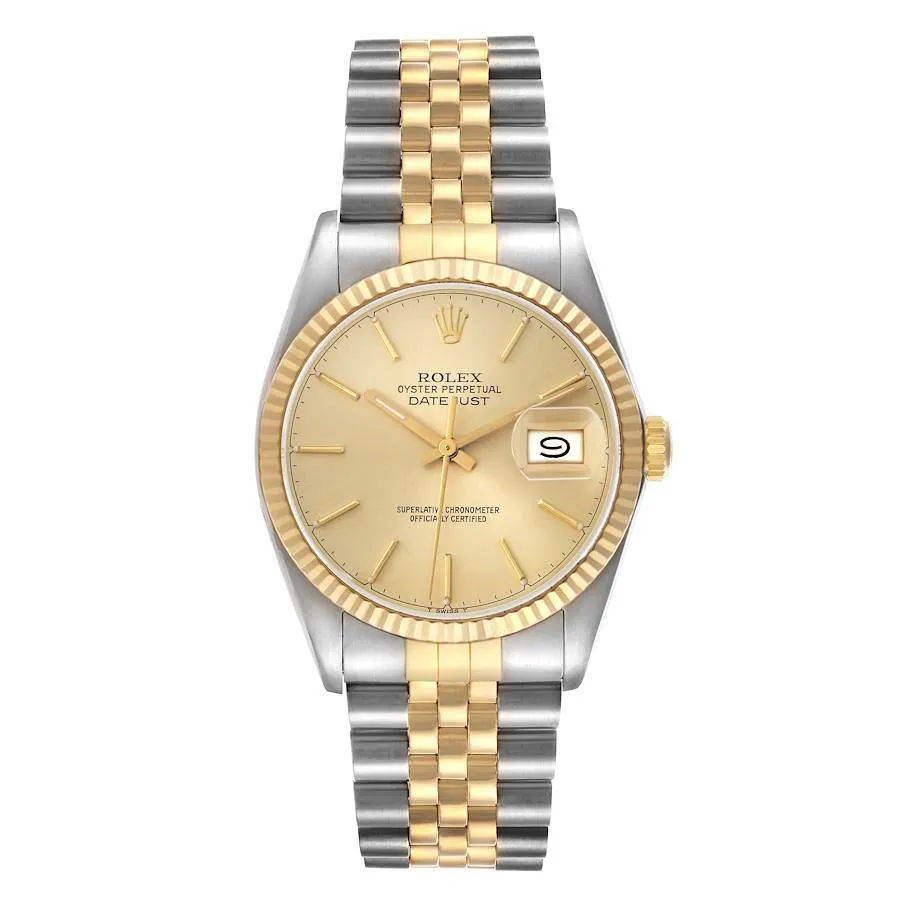 18345924_5dfzxb18bvrt3em08xmmzbw39cao.webp Rolex Datejust Champagne Stick Dial on D-Link Jubilee Bracelet Ref 16013 - Image 1