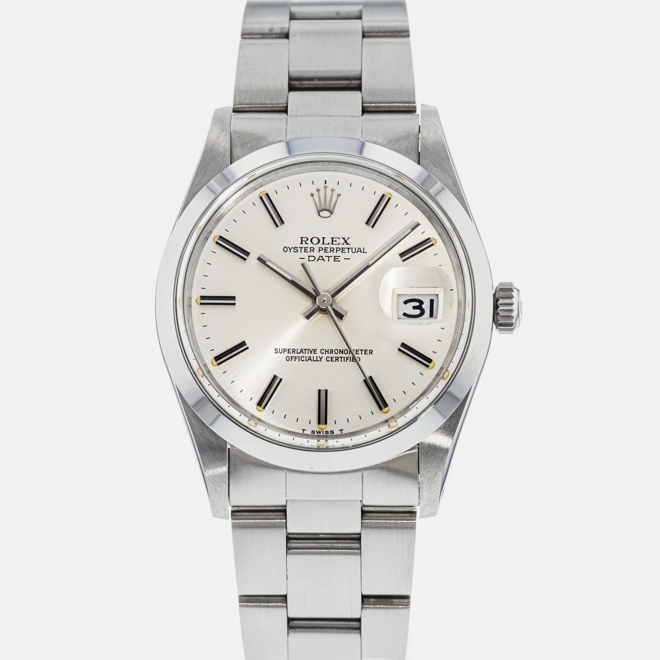 18345926_s5yalhvrx2ah9gtw8q4snzdym7gc.webp Rolex Oyster Perpetual Date Silver Stick Dial on Oyster Ref 15000 - Image 1