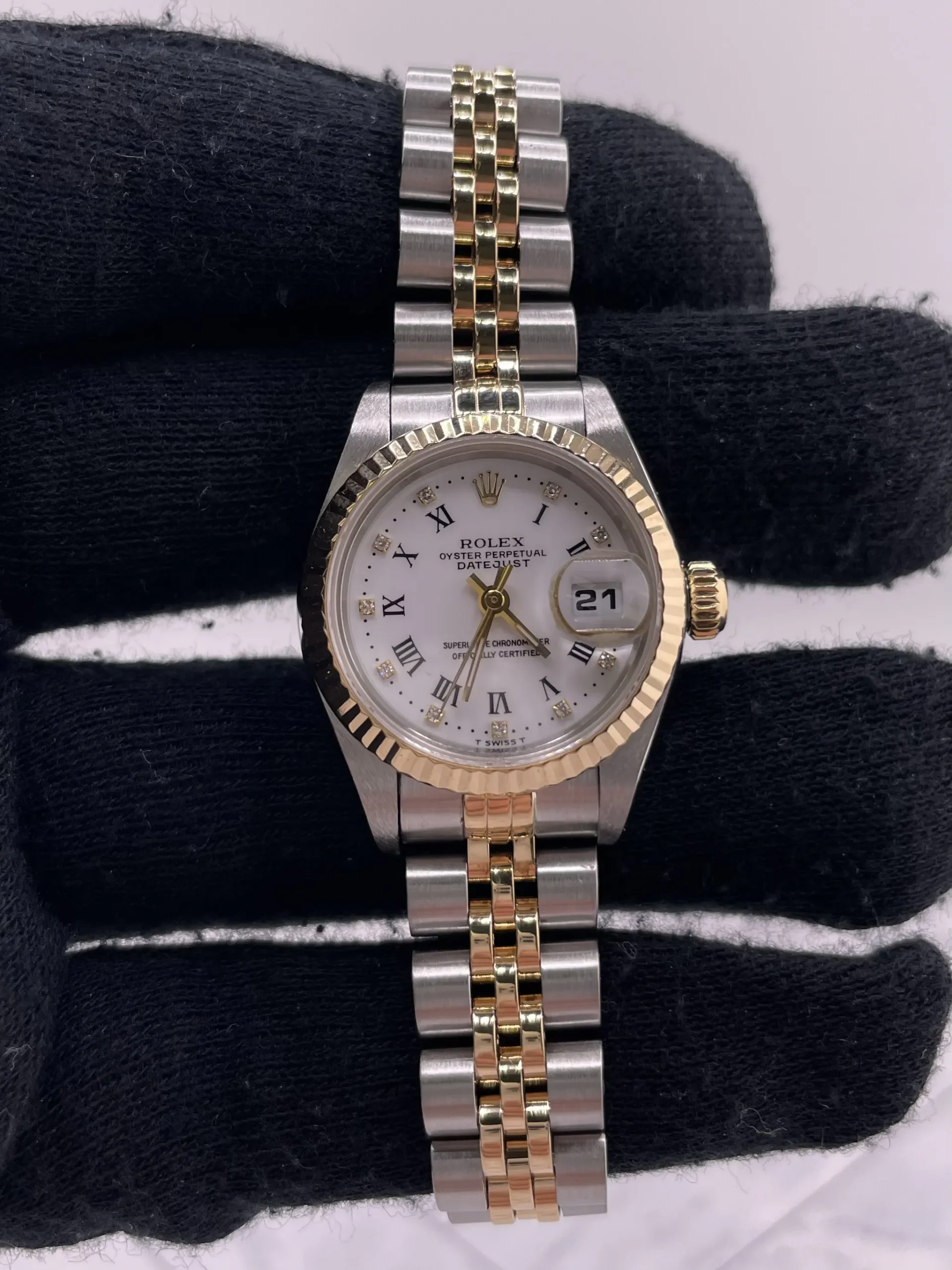 18349961_kyvaonf01hy10x37rizi36wjq35y.webp Rolex Datejust Lady White Roman Diamond Dial on D-Link Jubilee Ref 69173 - Image 1