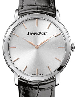 Audemars Piguet Jules Audemars Extra-Thin Silver W Gold Stick Dial on Leather Strap Ref 15180BC.OO.A002CR.01