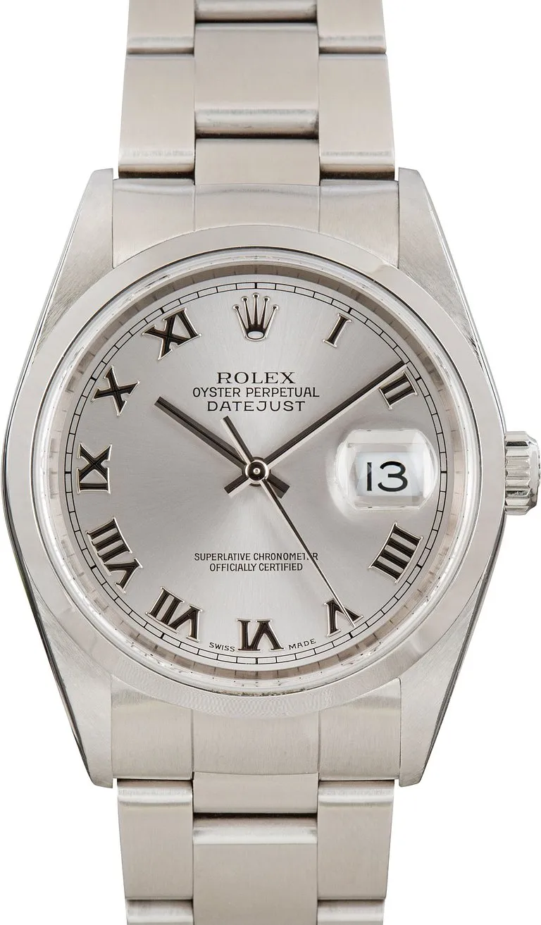 18575790_wrjotaspsu5x57m50zr90pcce5qh.webp Rolex Datejust 36 Silver Roman Dial on Jubilee Ref 16200 with Papers 2001 - Image 1