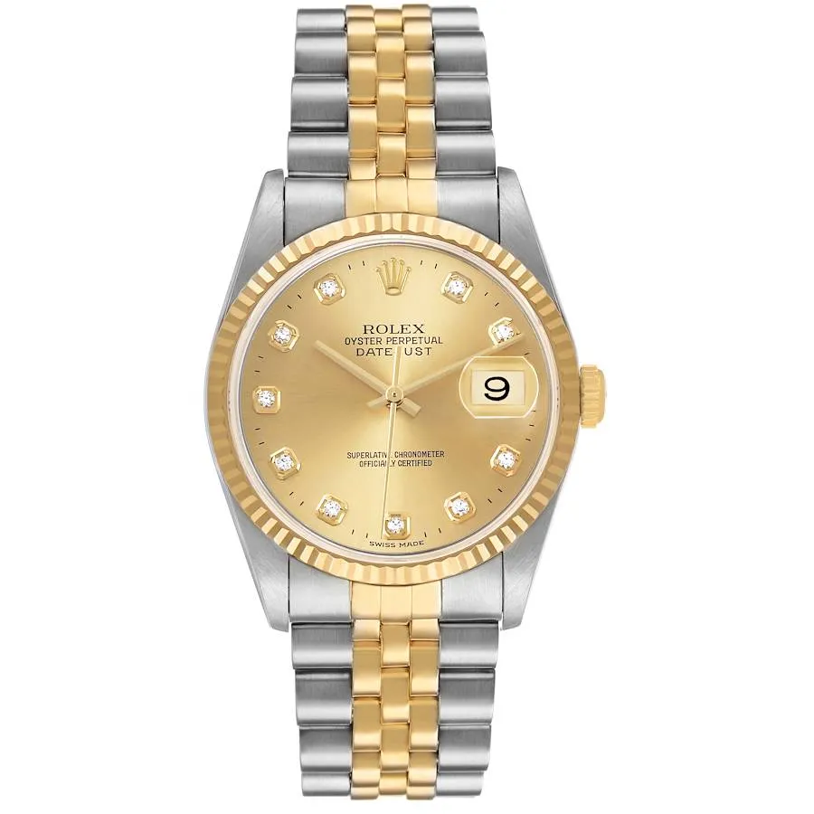 18575811_xrecs8xm3boa4trdhmynhjtep5o9.webp Rolex Datejust Champagne Diamond Factory Dial on D-Link Jubilee Bracelet Ref 16233G with Papers 1995 - Image 1
