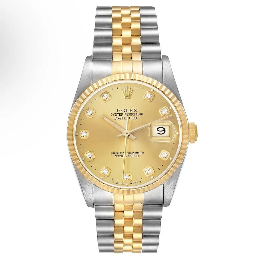 18575821_grd6hfapzcl1hibwzmc5c33qc9yg.webp Rolex Datejust Champagne Diamond Dial on D-Link Jubilee Ref 16233 with Papers 1995 - Image 1