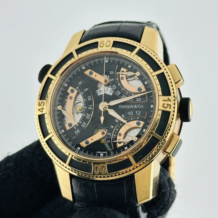 Tiffany & Co. Tri-Retrograde Black / Rose Dial on Leather Band Ref. T-57 - Image 3