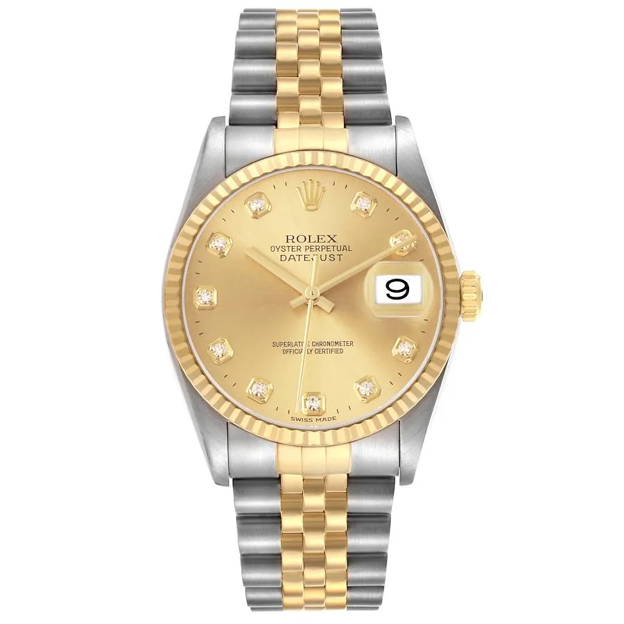 18576476_ri9636cueuxj12s04edtrlrvu75m.webp Rolex Datejust Champagne Diamond Factory Dial on D-Link Jubilee Bracelet Ref 16233G - Image 1