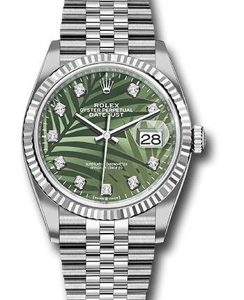 Rolex Datejust Olive Green Palm Motif Diamond 6 Dial on Jubilee Ref 126234 with New Style Card Green  2024
