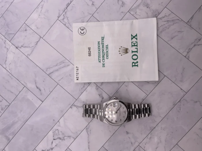 Rolex Datejust Silver Diamond Dial on President Ref 68246 with Papers 1991 - Image 7