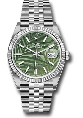 18727606_g68wg8apwda11tuzw9zvs8h8hh5w.webp Rolex Datejust Olive Green Palm Motif Dial on Jubilee Ref 126234 with New Style Card (green) 2021 - Image 1