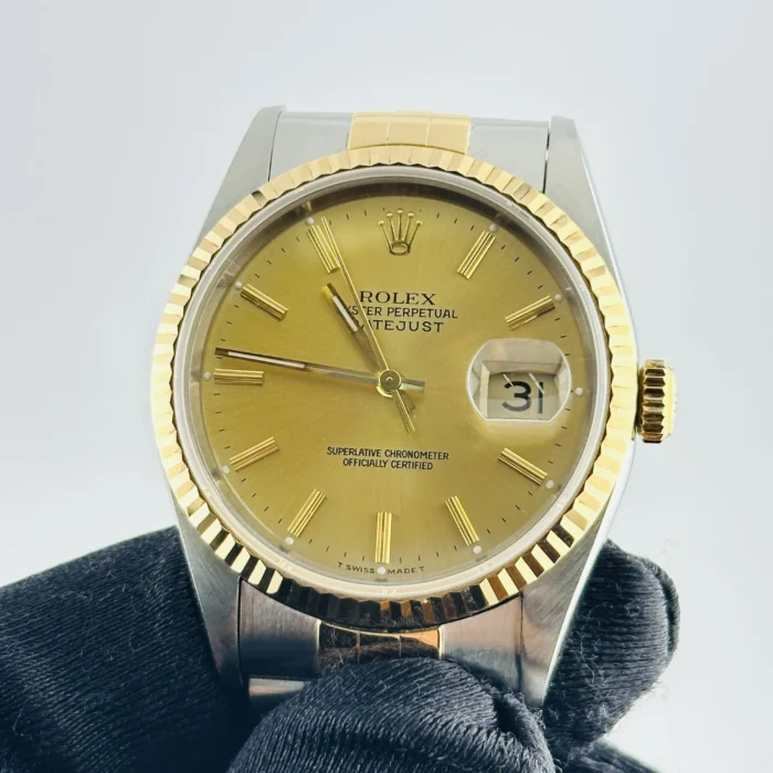 Rolex Datejust Champagne Stick Dial on D-Link Jubilee Bracelet Ref. 16233 with Papers 1996 - Image 3