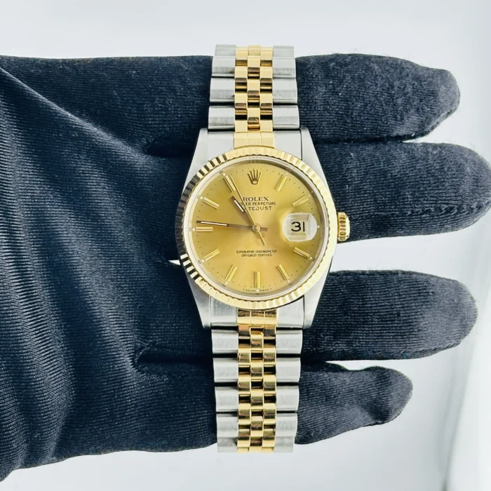 Rolex Datejust Champagne Stick Dial on D-Link Jubilee Bracelet Ref. 16233 with Papers 1996 - Image 2