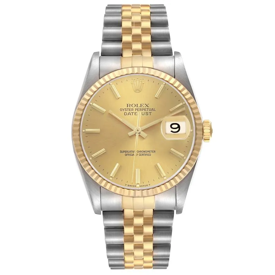 18920421_z1q3my7no6ssl53bxyd62lv3btuc.webp Rolex Datejust Champagne Stick Dial on D-Link Jubilee Bracelet Ref. 16233 with Papers 1996 - Image 1