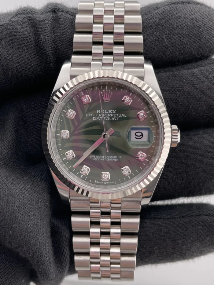 Rolex Datejust Olive Green Palm Motif Diamond 6 Dial on Jubilee Ref. 126234 with New Style Card (green) 2023 - Image 2