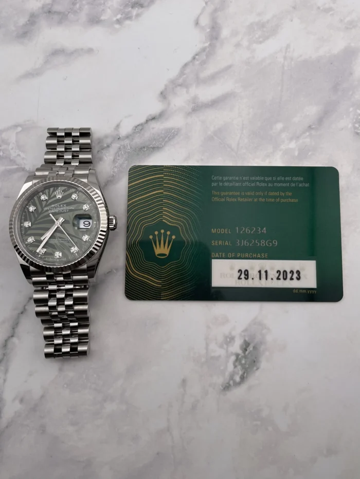 Rolex Datejust Olive Green Palm Motif Diamond 6 Dial on Jubilee Ref. 126234 with New Style Card (green) 2023 - Image 7