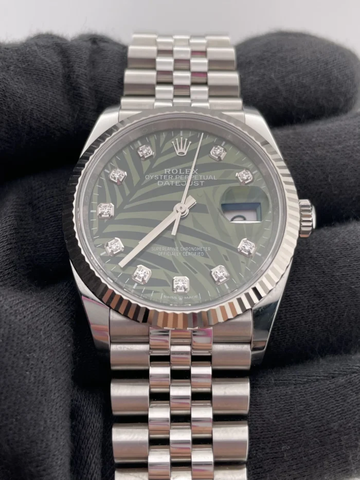 Rolex Datejust Olive Green Palm Motif Diamond 6 Dial on Jubilee Ref. 126234 with New Style Card (green) 2023 - Image 3
