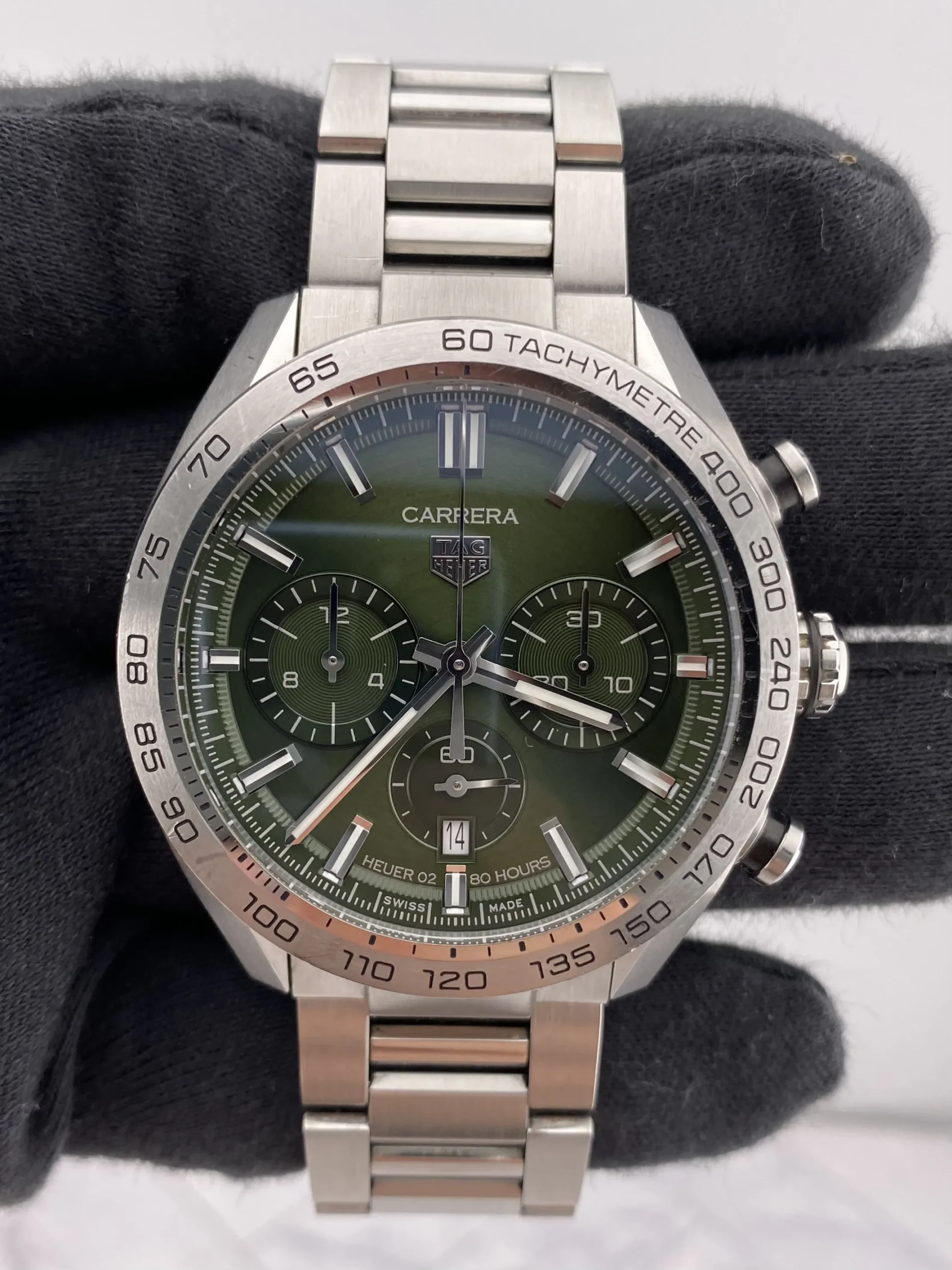 18920429_6ujdn7399v33r4kh1m1npsls5naw.webp Tag Heuer Carrera Automatic Chronograph Green Dial on Bracelet Ref CBN2A10.BA0643 with Card 2020 - Image 1