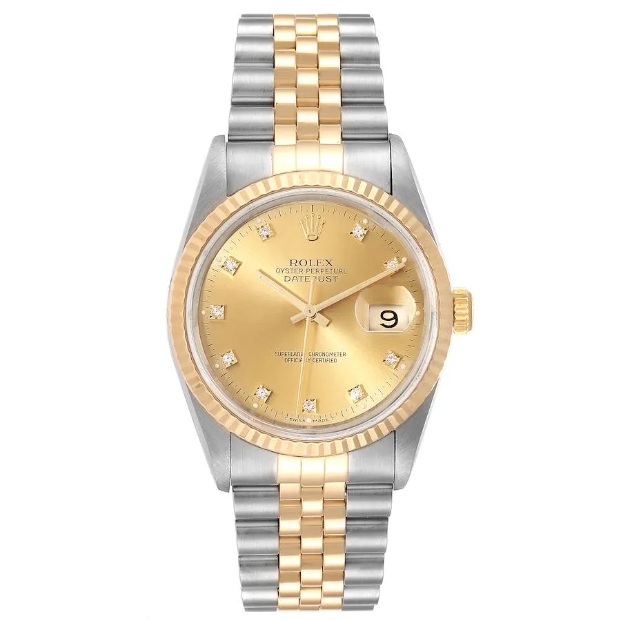 19043271_cby3oe96da9mbozjoil3kvb0i9ct.webp Rolex Datejust Champagne Diamond Factory Dial on D-Link Jubilee Bracelet Ref 16233G - Image 1