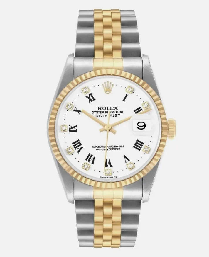 19043616_ryjc7c2ye0i7qkohe6xyklc0hjv2.webp Rolex Datejust White Roman 10 Diamonds Dial on Jubilee Ref 16233G - Image 1