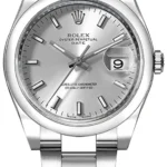 Rolex Oyster Perpetual Date Silver Stick Dial on Oyster Ref 115200 with Card Old Green  2012