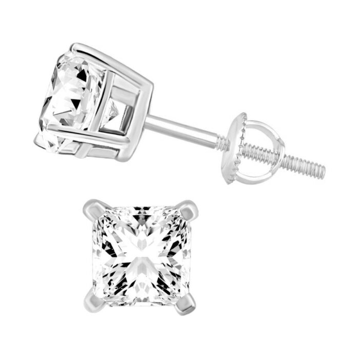 LADIES SOLITAIRE EARRINGS 1.00CT PRINCESS DIAMOND 14K WHITE GOLD - Image 1