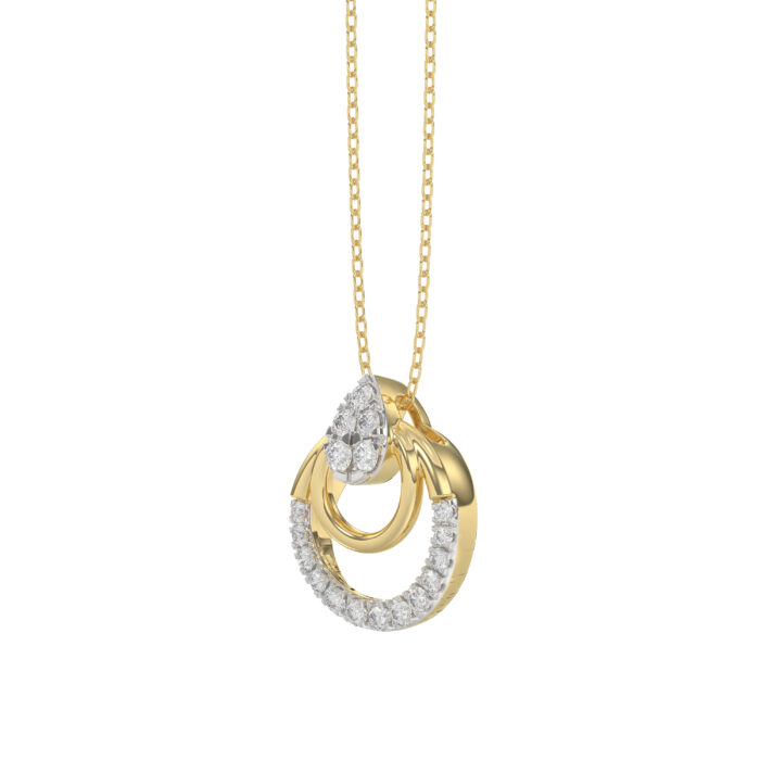 Beautiful 14K Yellow Gold Ladies Pendant With Double Circle Design And Sparkling 0.13 Ct Round Diamonds. Includes Chain. - Image 3