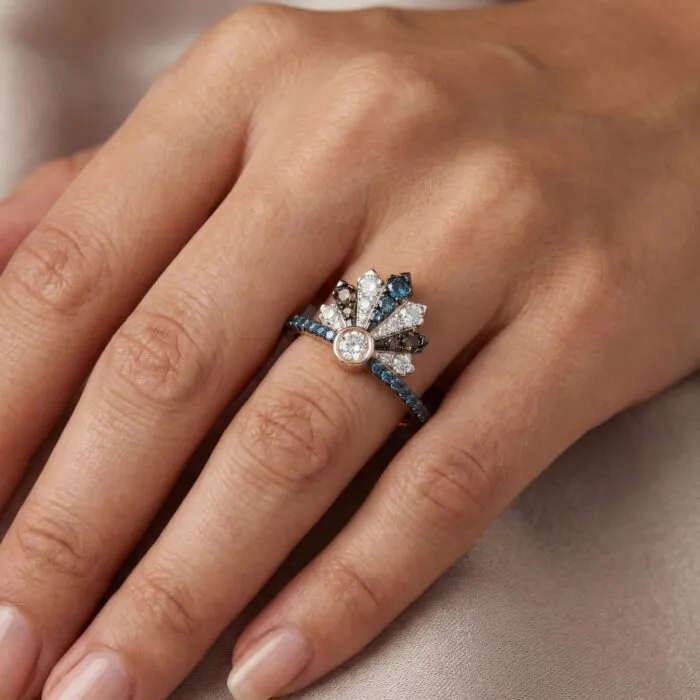 LADIES RING 0.50CT ROUND/ROUND BLUE/DARK BROWN DIAMOND 14K ROSE GOLD - Image 6