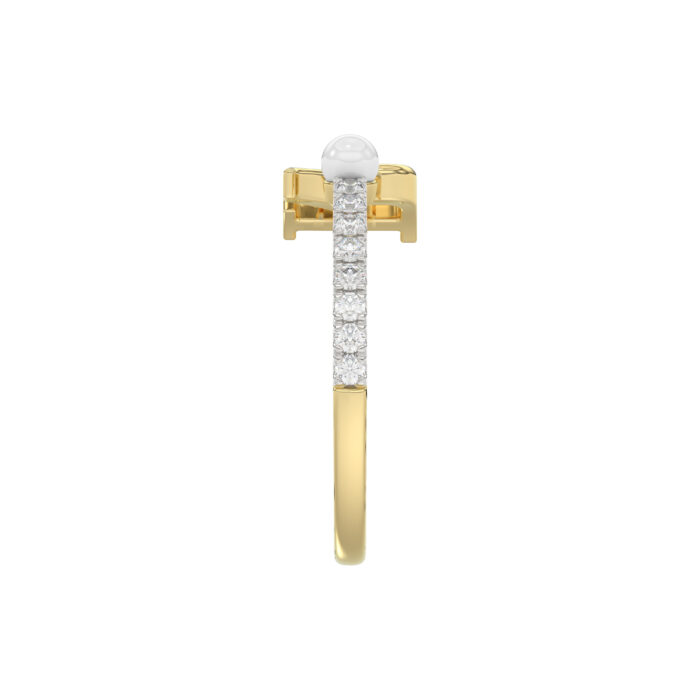 Stylish 10K Yellow Gold Ladies Ring Featuring Letter “R”, Luminous Pearl, And Round Diamond Accents. A Delicate 0.10Ct Fine Jewelry Piece. - Image 3