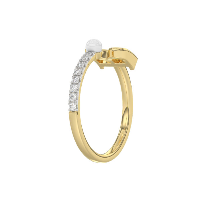 Stylish 10K Yellow Gold Ladies Ring Featuring Letter “R”, Luminous Pearl, And Round Diamond Accents. A Delicate 0.10Ct Fine Jewelry Piece. - Image 4