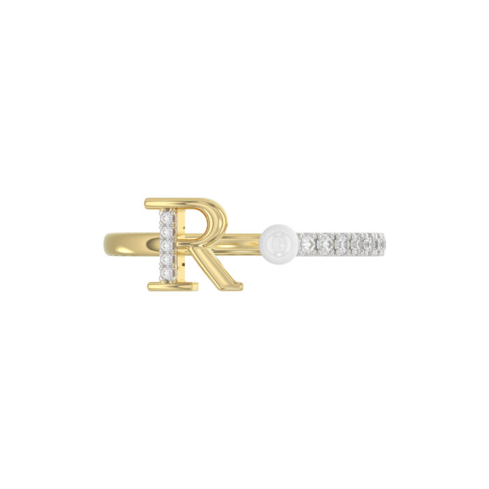 Stylish 10K Yellow Gold Ladies Ring Featuring Letter “R”, Luminous Pearl, And Round Diamond Accents. A Delicate 0.10Ct Fine Jewelry Piece. - Image 5