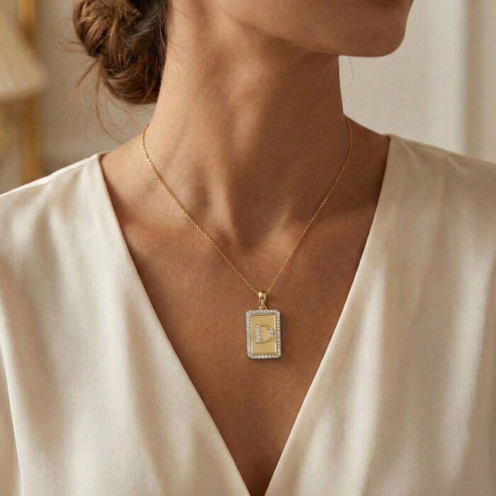 10K Yellow Gold letter 'D' Fashion Pendant With Chain - 0.20 CT Round Diamond Ladies Jewelry Gift - Image 4