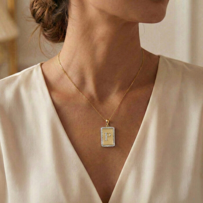 10K Yellow Gold letter 'P' Fashion Pendant With Chain - 0.20 CT Round Diamond Ladies Jewelry Gift - Image 4