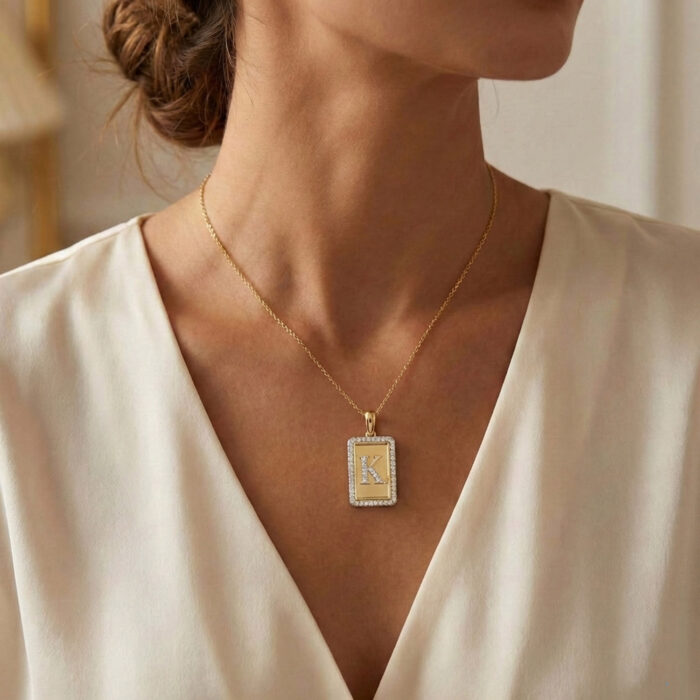 10K Yellow Gold letter 'K' Fashion Pendant With Chain - 0.20 CT Round Diamond Ladies Jewelry Gift - Image 4