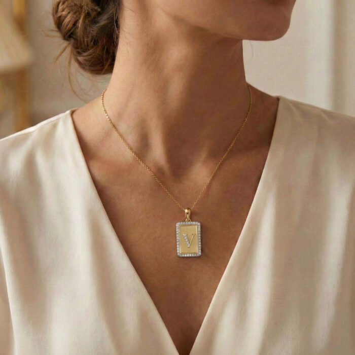 10K Yellow Gold letter 'V' Fashion Pendant With Chain - 0.20 CT Round Diamond Ladies Jewelry Gift - Image 4