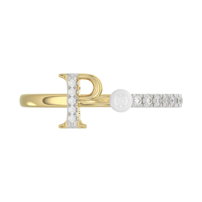 Stylish 10K Yellow Gold Ladies Ring Featuring Letter “P”, Luminous Pearl, And Round Diamond Accents. A Delicate 0.10Ct Fine Jewelry Piece. - Image 5