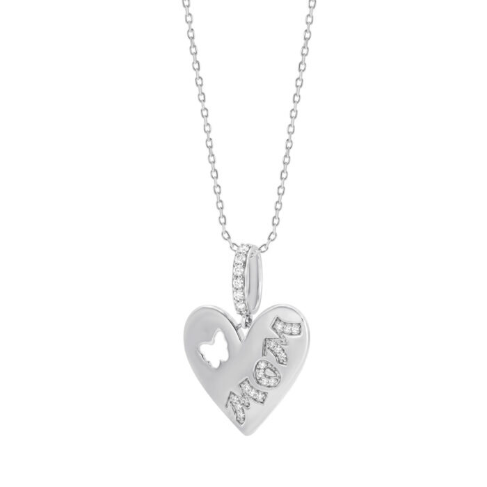 Mom Heart Pendant With Chain For Women 0.10Ct Round Diamond Yellow Gold Finish Butterfly Design Pendant - Image 2