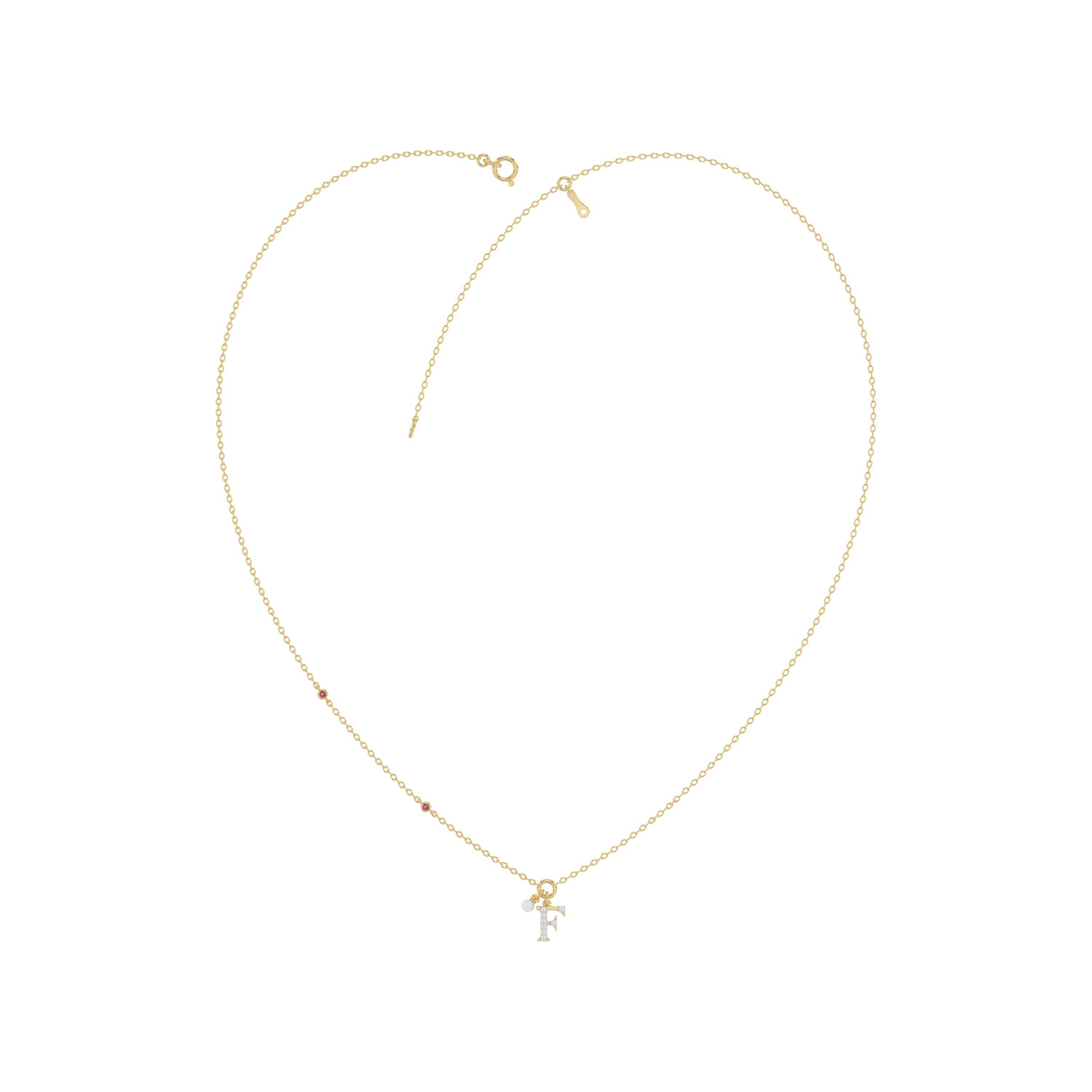 19061453_365114Y.jpg.jpg Stylish 10K Yellow Gold Ladies “F” Letter Necklace Featuring Round Ruby Diamonds And Pearl Accents. A Delicate And Personalized Fine Jewelry - Image 1