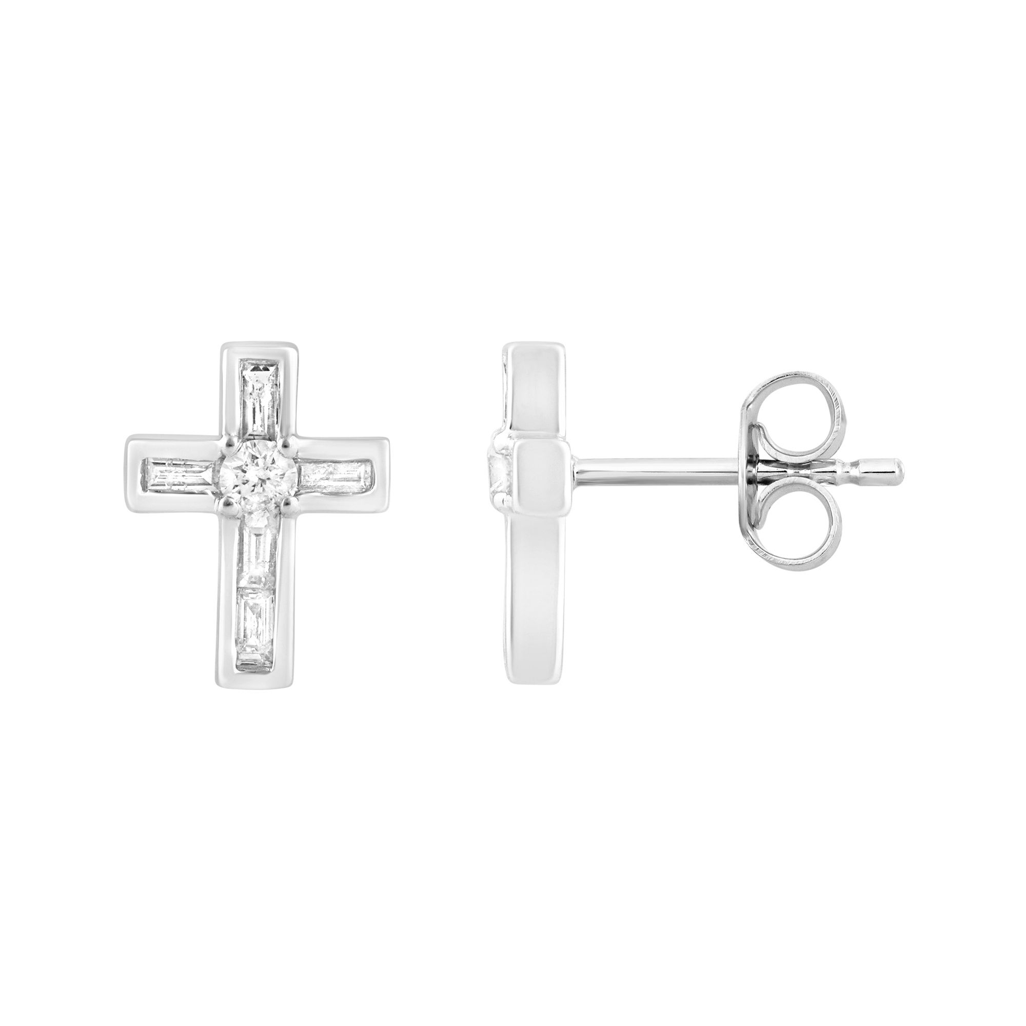 19061542_358240W-SS.jpg.jpg Sterling Silver Ladies 0.25CT Round & Baguette Diamond Cross Fashion Earrings Elegant Jewelry - Image 1