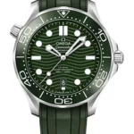 Omega Seamaster Diver 300M Co-Axial Master Chronometer Green Dial on Rubber Strap Ref 210.32.42.20.10.001 with Card