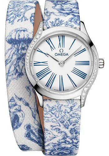 19082693_60mgjhhat8rpxc00u1kkyusojkpj.webp Omega De Ville Mini Trésor Quartz White / Blue Roman Markers Dial on Fabric Strap Ref 428.17.26.60.04.001 with Card - Image 1
