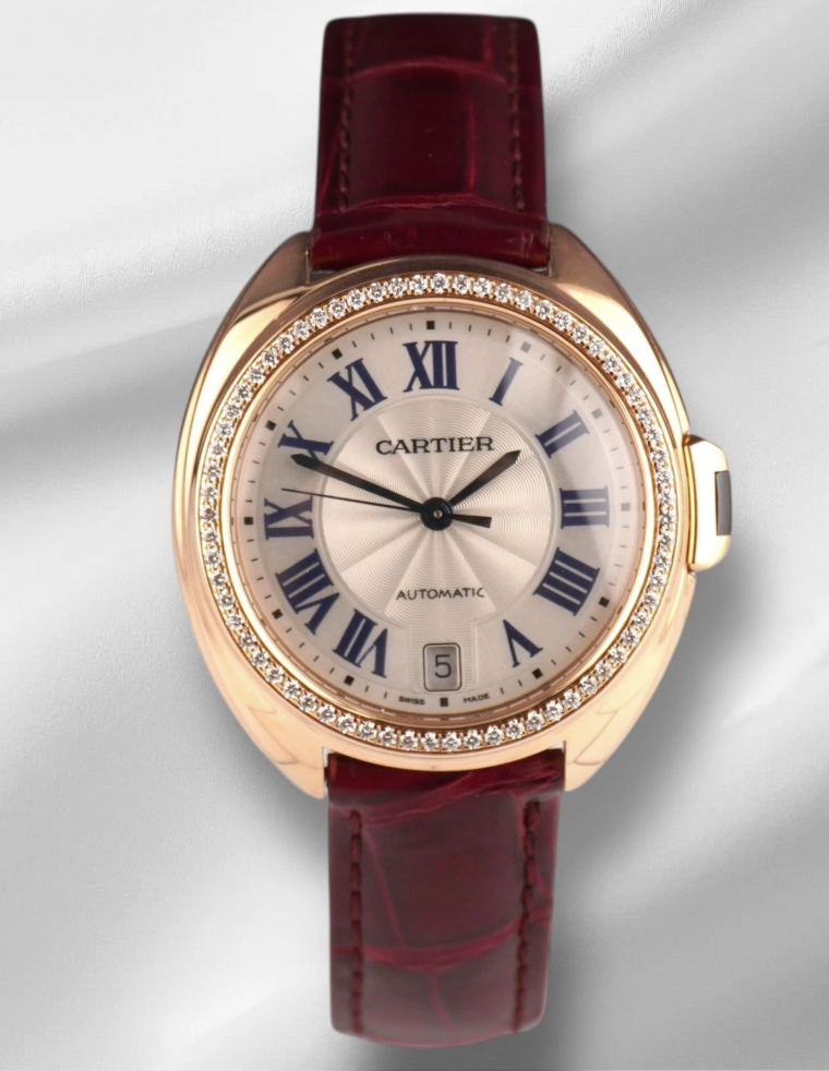 19138714_xdvc6ih2re6owxiy71ngu29o0txw.png Cartier Cle Silver Roman Dial on Maroon Leather Ref 3854 with Papers 2019 - Image 1