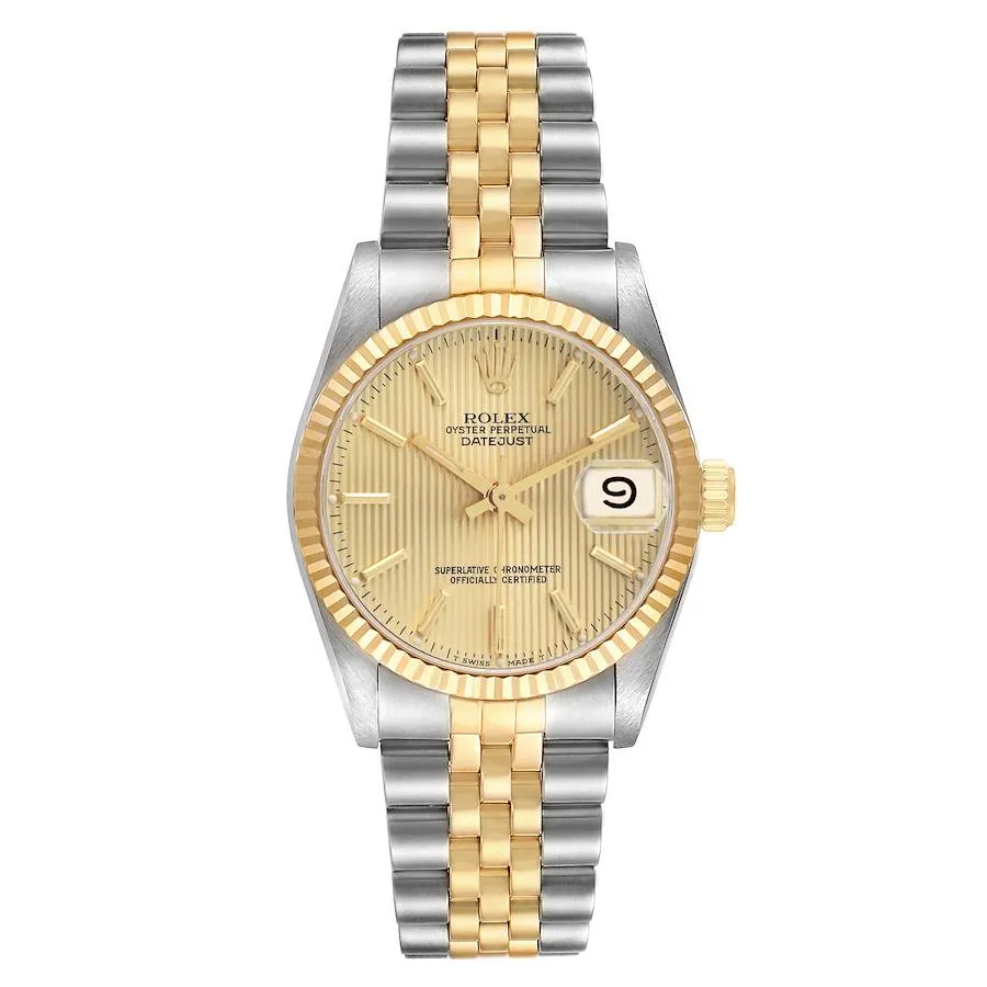 19227791_6rg82y1wo1l2s0x9b8bdlesyhdtu.webp Rolex Datejust Champagne Tapestry Dial on D Link Jubilee Ref 68273 with Papers 1995 - Image 1