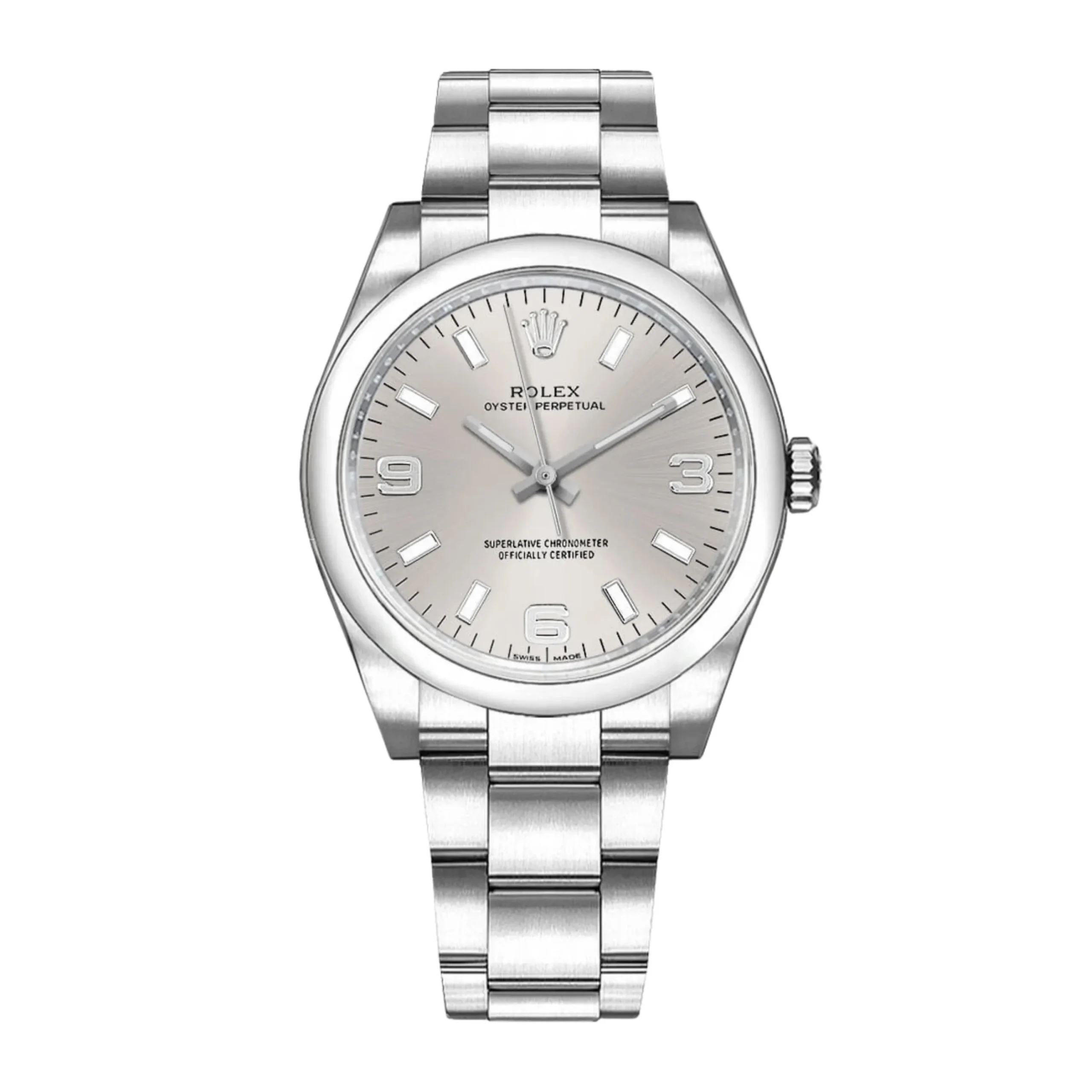 19804920_m5wwj1prqj5kummv8vweabis79wz.webp Rolex Oyster Perpetual Silver Stick 369 Dial on Oyster Ref. 114200 with Card (Old Green) 2010 - Image 1