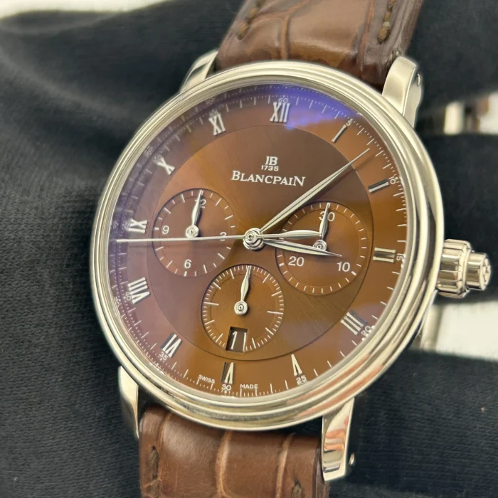 BlancPain Villeret Chrono Brown Roman Dial on Brown Leather Ref. 6185-1546A-55B with Card 2019 - Image 3