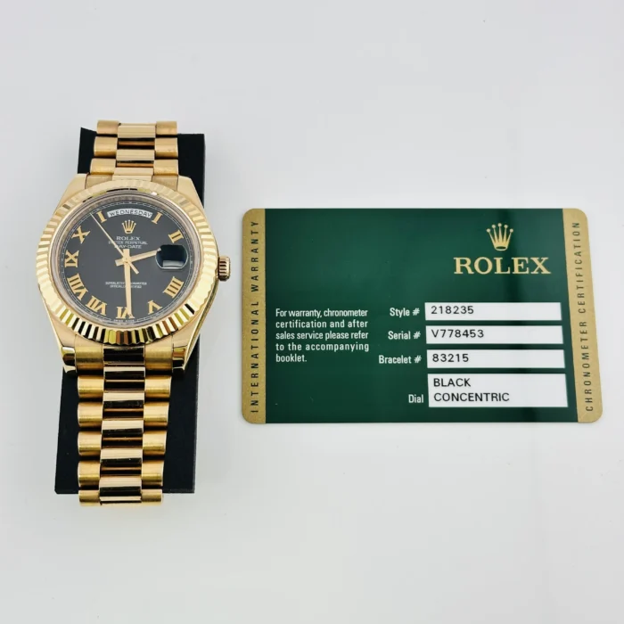Rolex Day-Date Black Roman Dial on President Bracelet Ref. 218235 with Card (Old Green) 2011 - Image 6