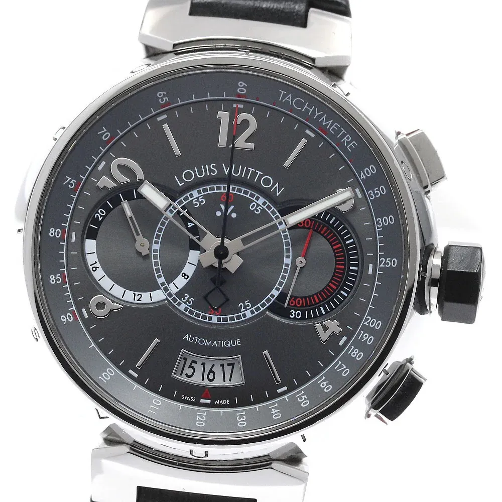 20251789_yroqmatt1stx5rzb3q9icp5j1amb.webp Louis Vuitton Tambour Voyage Slate Grey Dial on Leather Strap Ref. Q102N with Papers 2011 - Image 1
