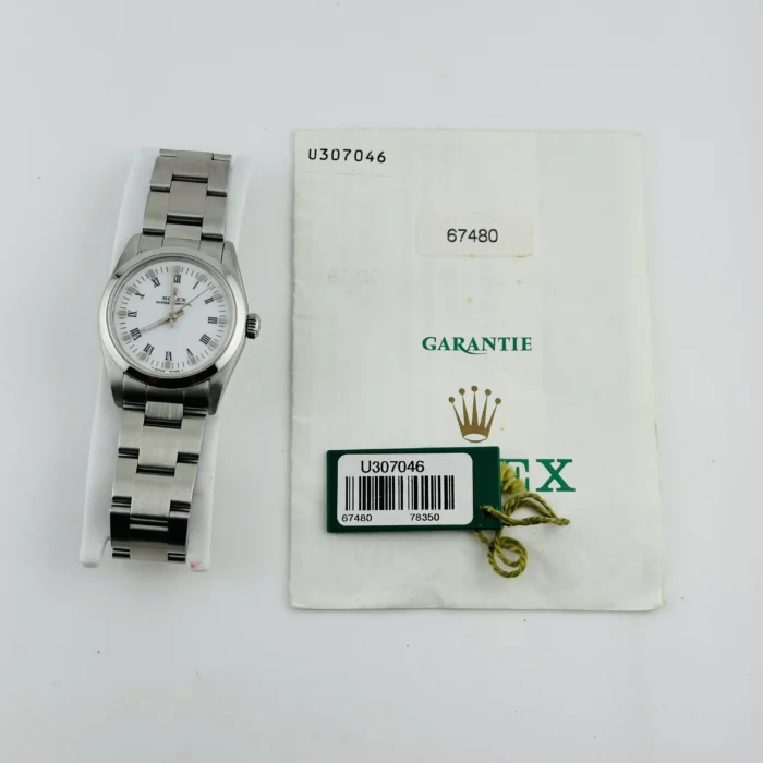 Rolex Oyster Perpetual White Roman Dial on Oyster Bracelet Ref. 67480 with Papers 1997 - Image 7