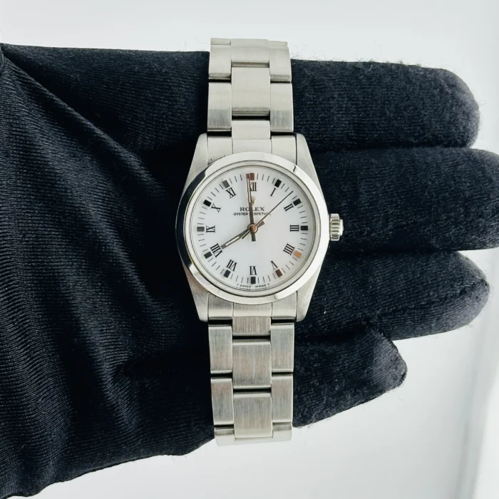 Rolex Oyster Perpetual White Roman Dial on Oyster Bracelet Ref. 67480 with Papers 1997 - Image 2