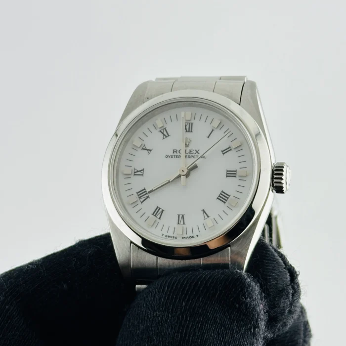 Rolex Oyster Perpetual White Roman Dial on Oyster Bracelet Ref. 67480 with Papers 1997 - Image 3