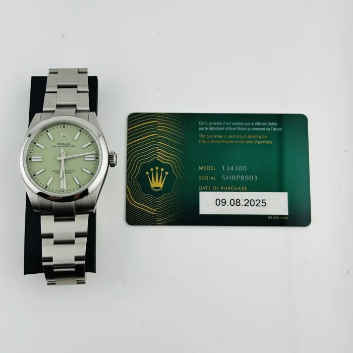 Rolex Oyster Perpetual Pistachio Dial on Oyster Bracelet Ref. 134300 with New Style Card (green) 2025 - Image 7
