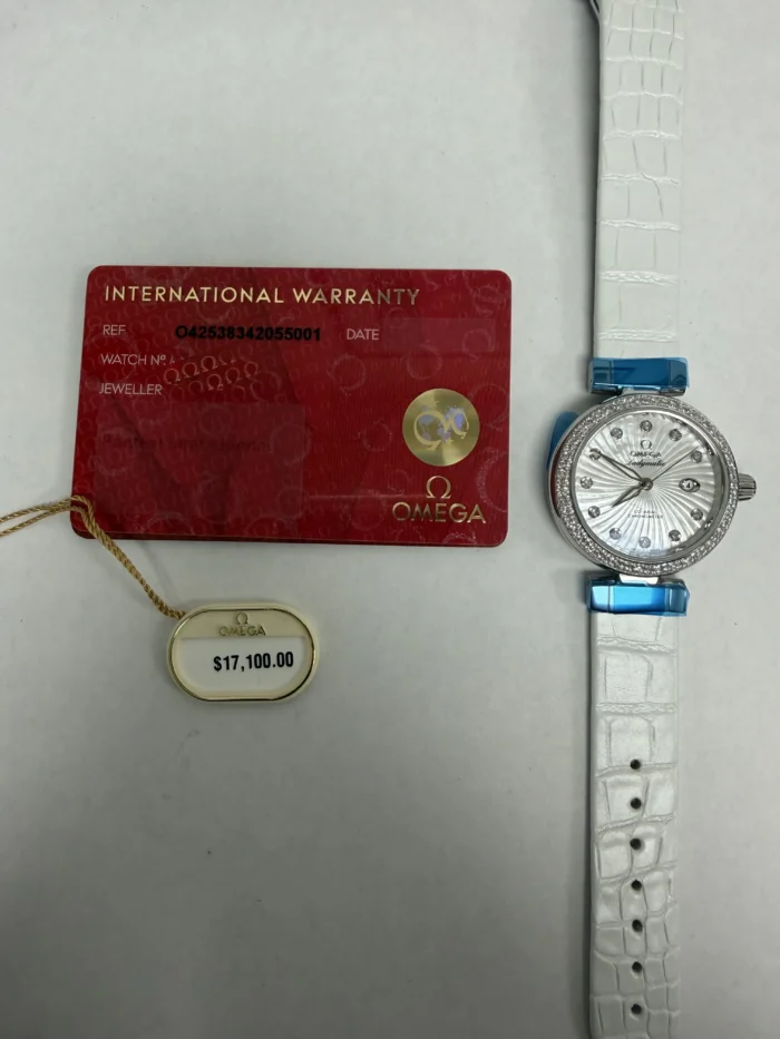 Omega De Ville Ladymatic Omega Co-Axial White Diamond Dial on Leather Strap Ref. 425.38.34.20.55.001 with Card - Image 5